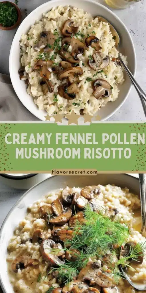 Creamy fennel pollen mushroom risotto in a bowl garnished with herbs
