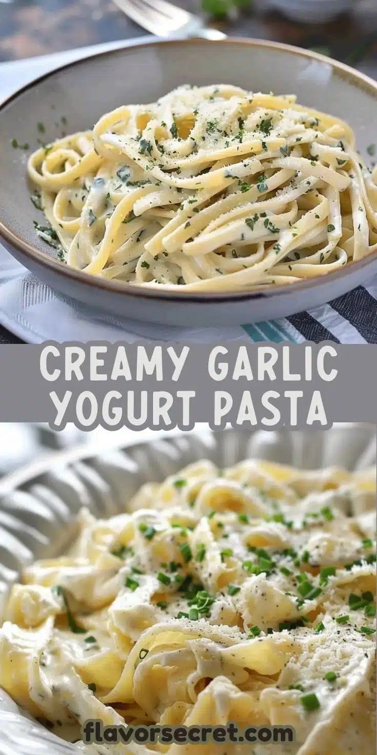Creamy Garlic Yogurt Pasta 2 Delicious creamy garlic yogurt pasta served in a bowl with fresh herbs.