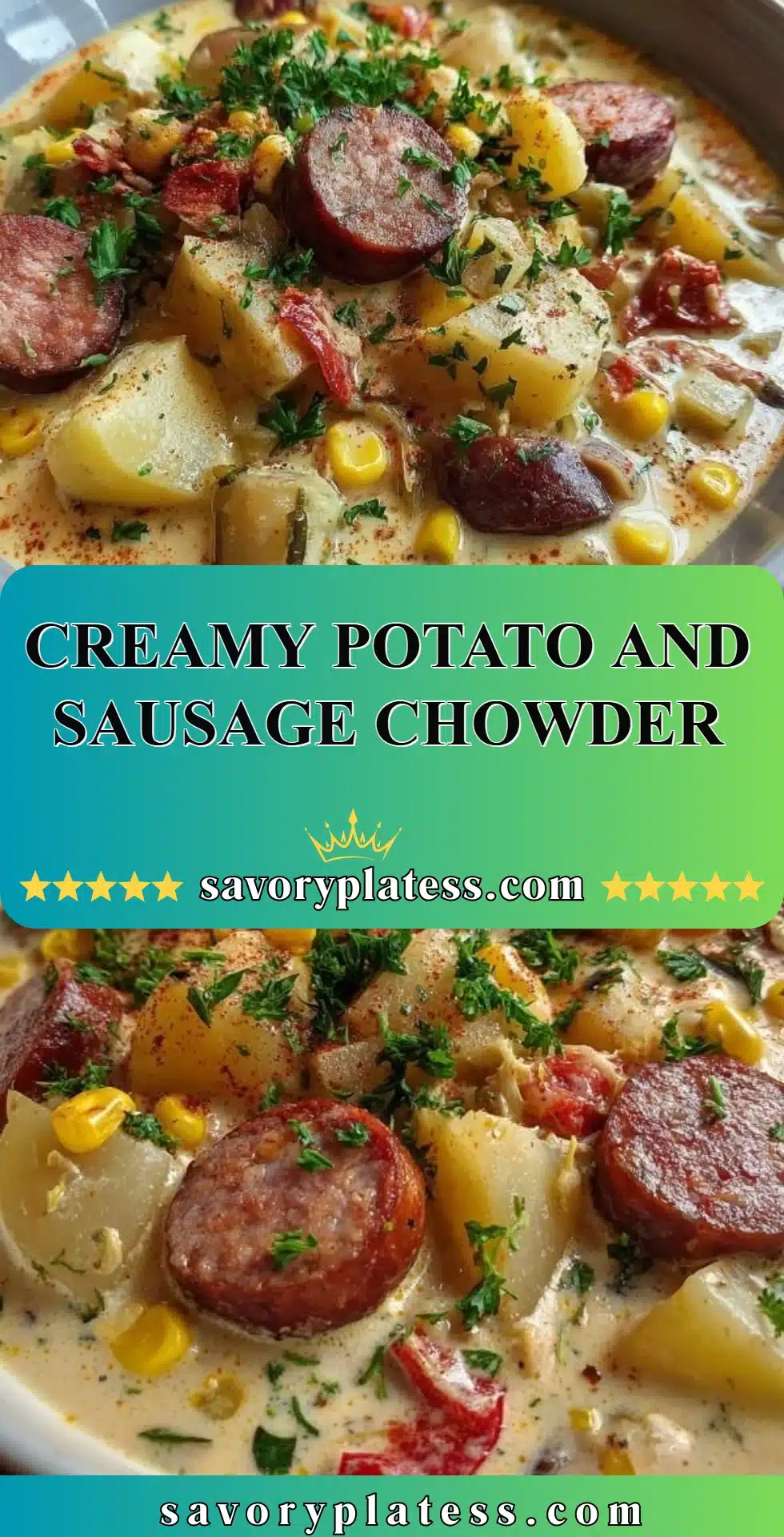 Bowl of creamy potato sausage chowder topped with fresh herbs.