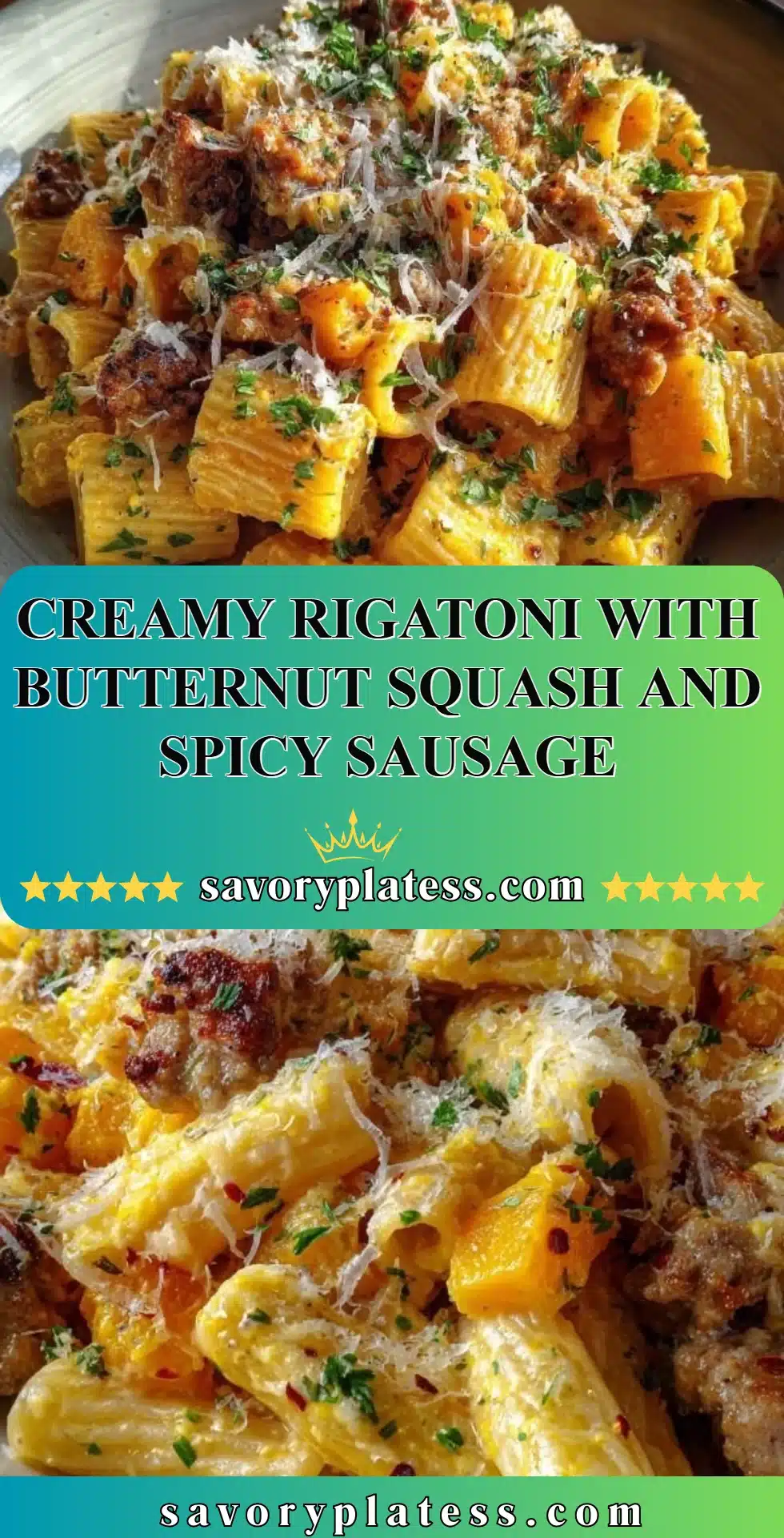 Creamy Rigatoni with Butternut Squash and Spicy Sausage 2 Creamy rigatoni dish featuring butternut squash and spicy sausage