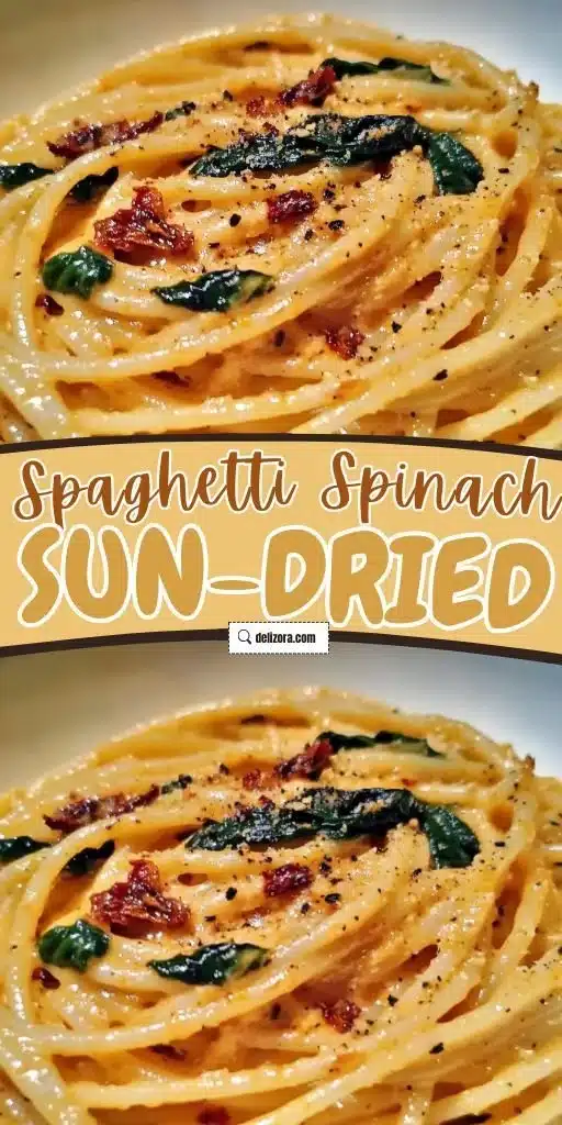 Creamy Spaghetti and Spinach with Sun-Dried Tomato Bliss 2 Creamy spaghetti dish with spinach and sun-dried tomatoes garnished on a plate