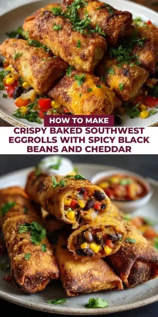 Crispy baked Southwest Eggrolls filled with spicy black beans and cheddar cheese.