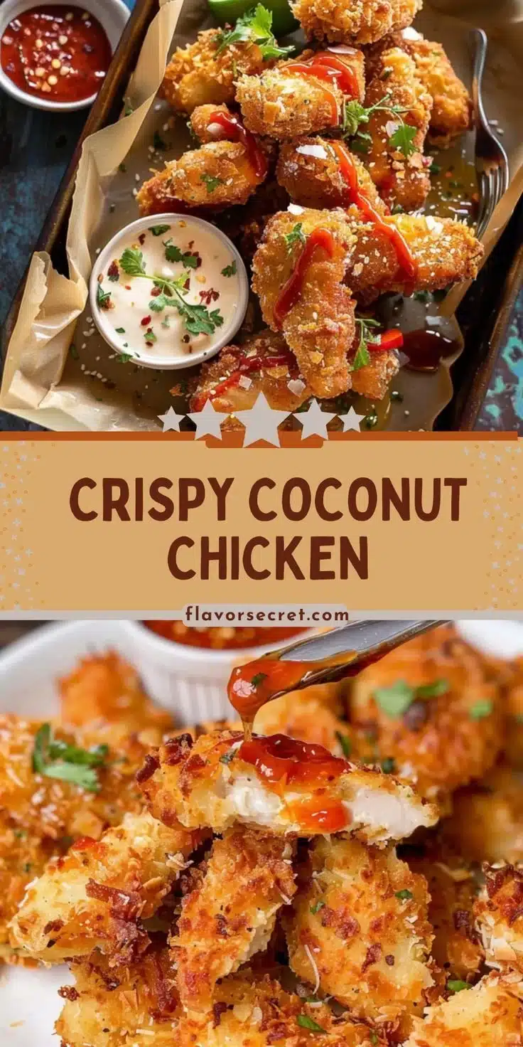 Crispy coconut crusted chicken served with a sweet chili dip