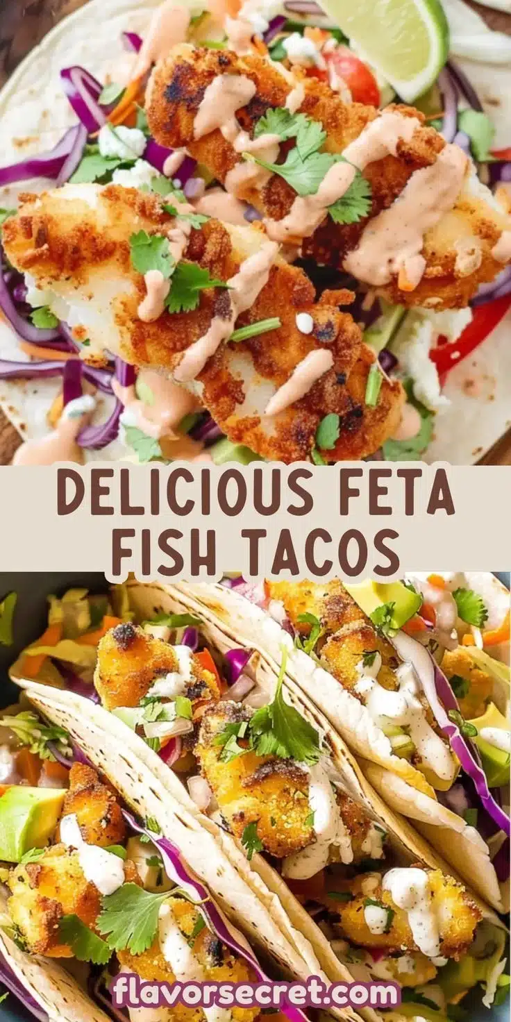 Crispy feta-crusted fish tacos served with fresh toppings and lime wedges