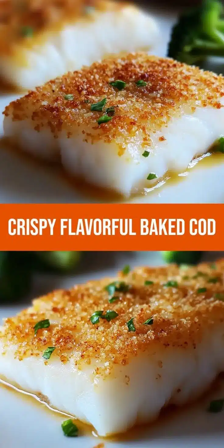 Crispy Quick Panko Parmesan Crusted Baked Cod Delight 2 Crispy Panko Parmesan Crusted Baked Cod served on a plate with lemon and herbs.
