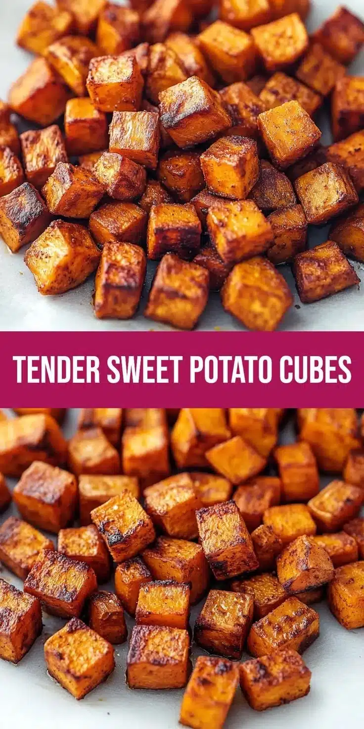 Crispy roasted sweet potato cubes served on a plate, garnished with herbs.