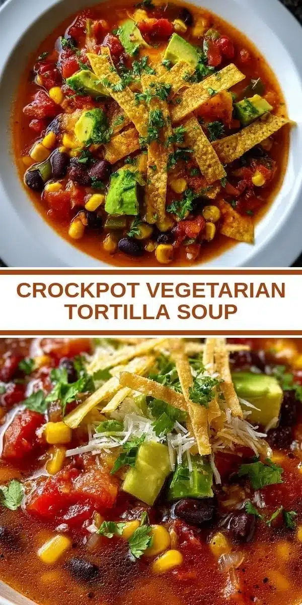 Bowl of Crockpot Vegetarian Tortilla Soup topped with tortilla strips and fresh cilantro