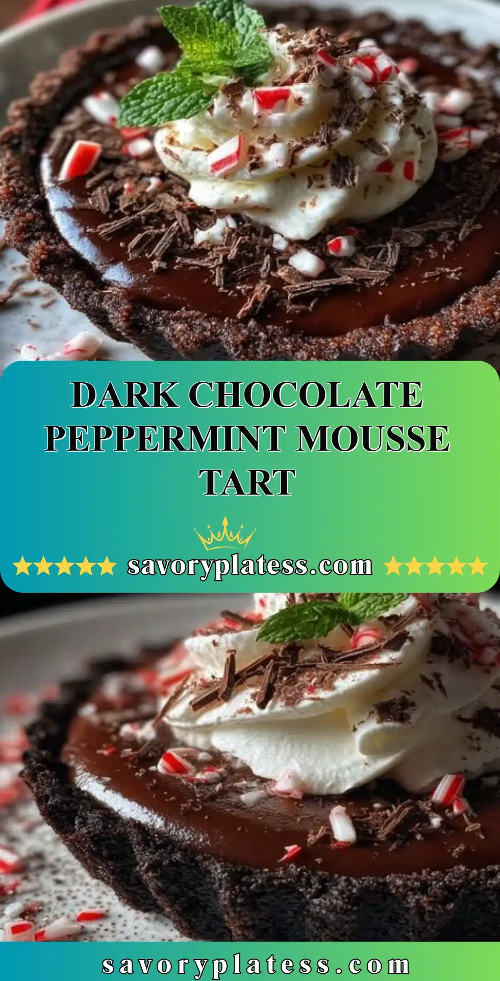 Dark Chocolate Peppermint Mousse Tart 2 Dark Chocolate Peppermint Mousse Tart topped with whipped cream and mint leaves