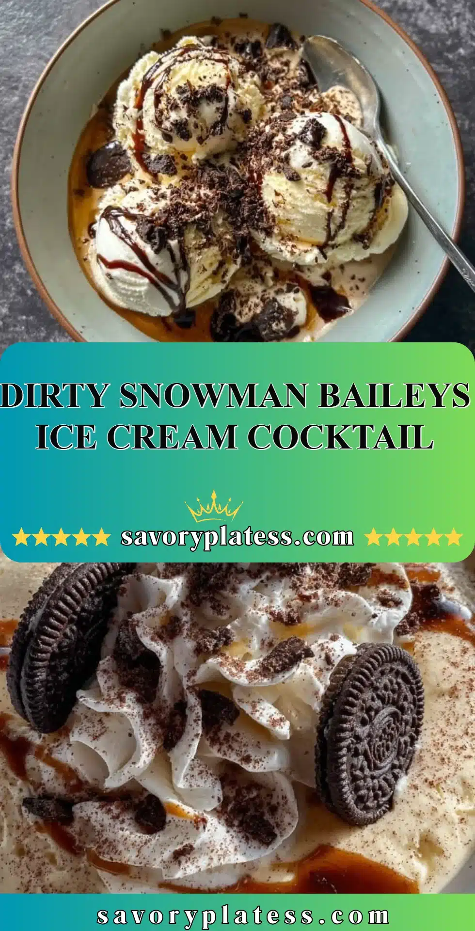 Dirty Snowman Baileys ice cream cocktail garnished with whipped cream and chocolate shavings.