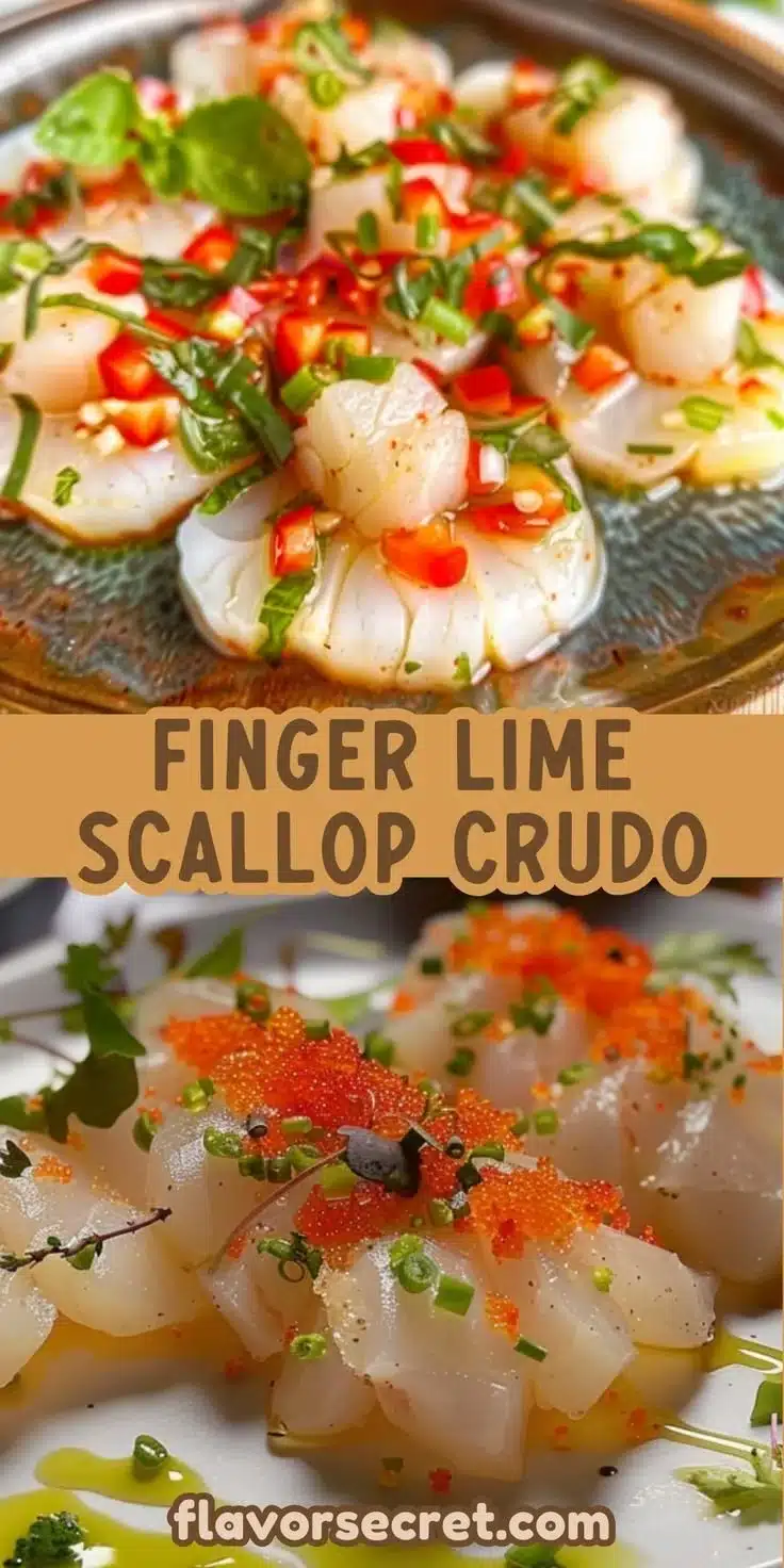 Plate of Finger Lime and Scallop Crudo garnished with herbs and citrus