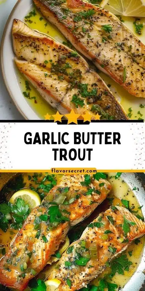 Delicious garlic butter seared trout garnished with lemon and parsley.