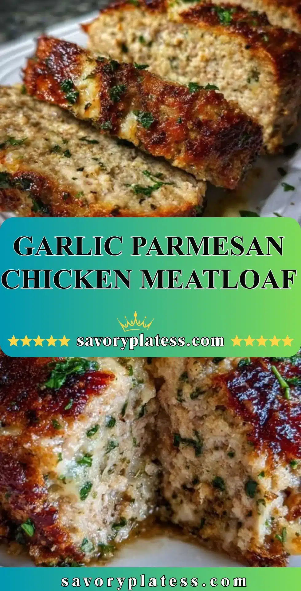 Garlic Parmesan Chicken Meatloaf 2 Delicious Garlic Parmesan Chicken Meatloaf topped with herbs and cheese.