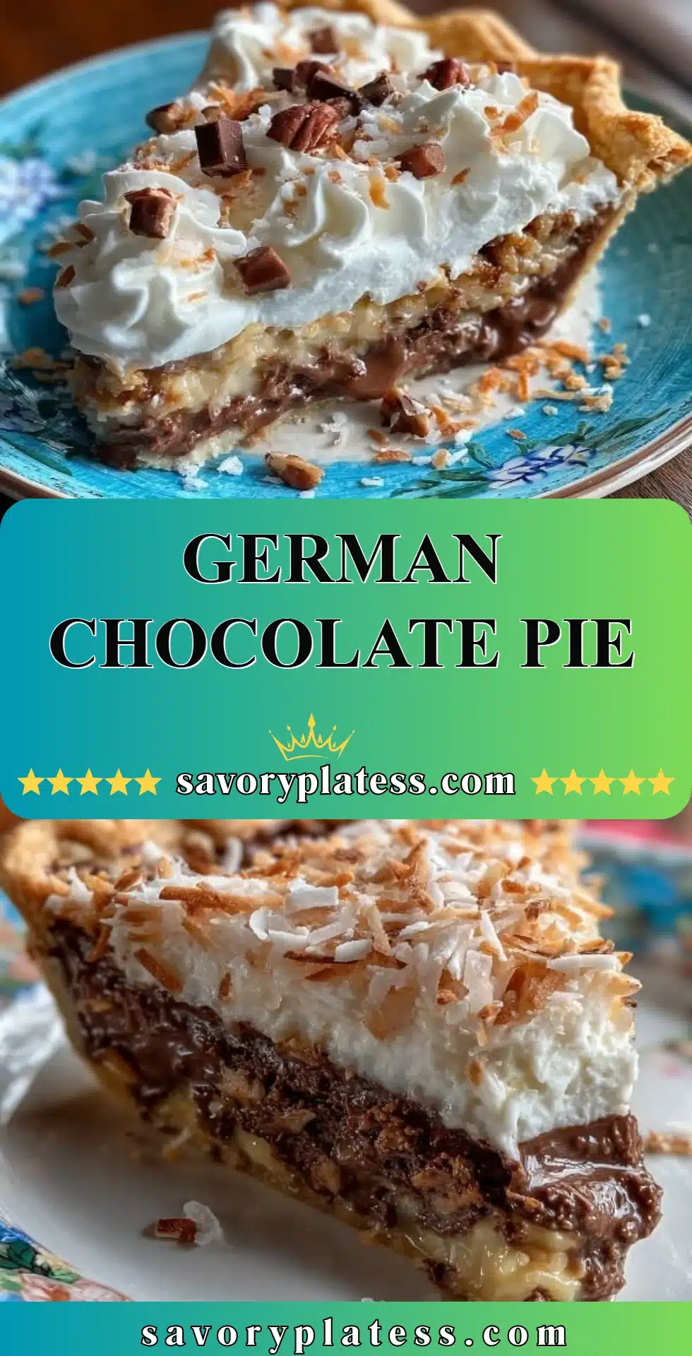 Delicious slice of German Chocolate Pie topped with coconut and pecans