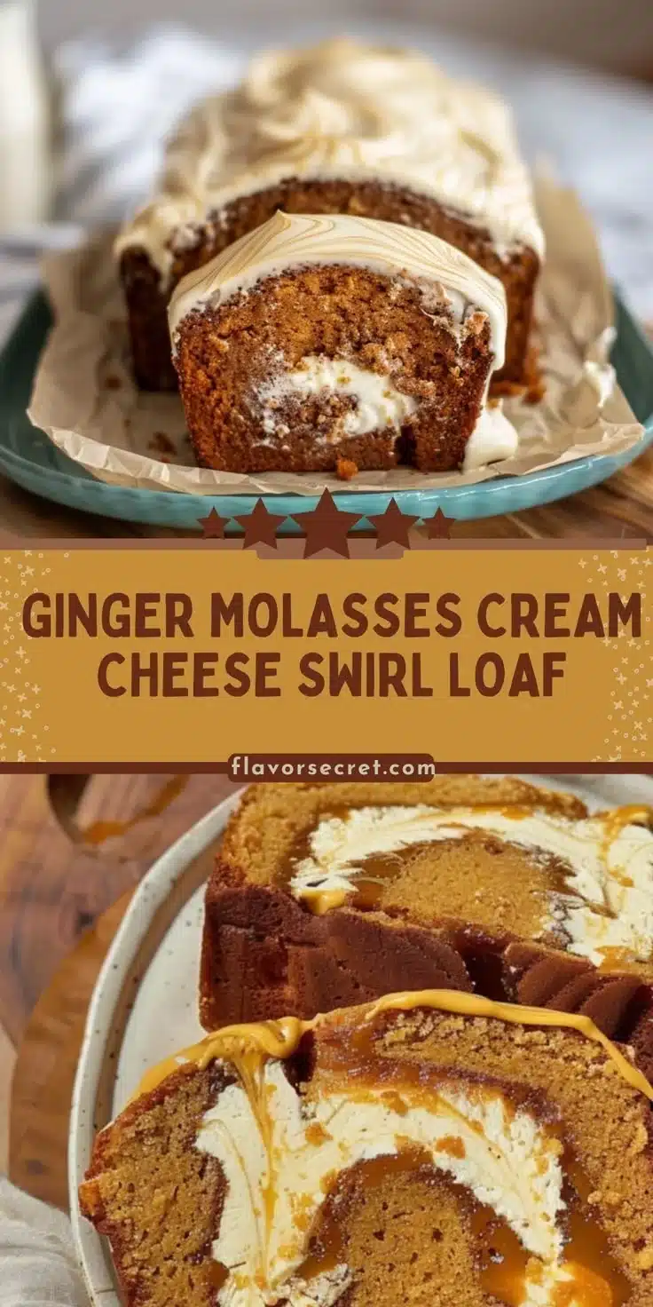 Ginger Molasses Cream Cheese Swirl Loaf sliced and served on a plate.