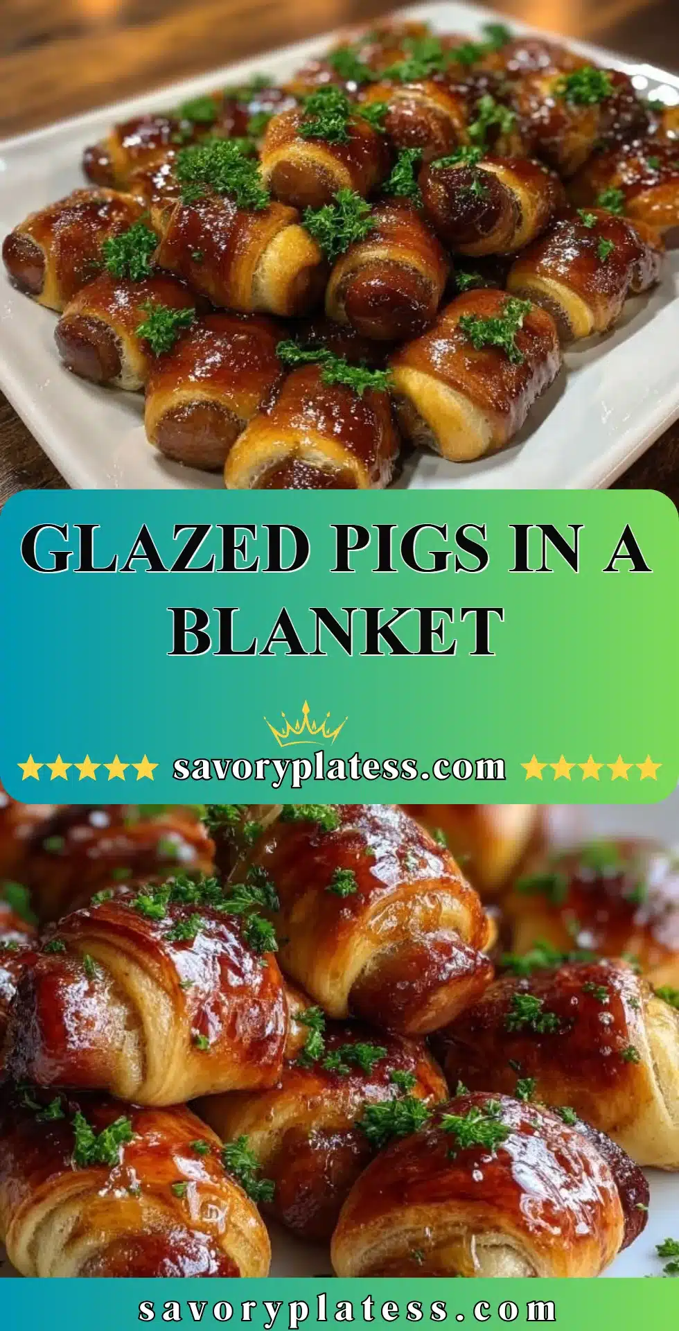 Glazed Pigs In a Blanket 2 Glazed pigs in a blanket served on a platter with dipping sauce.