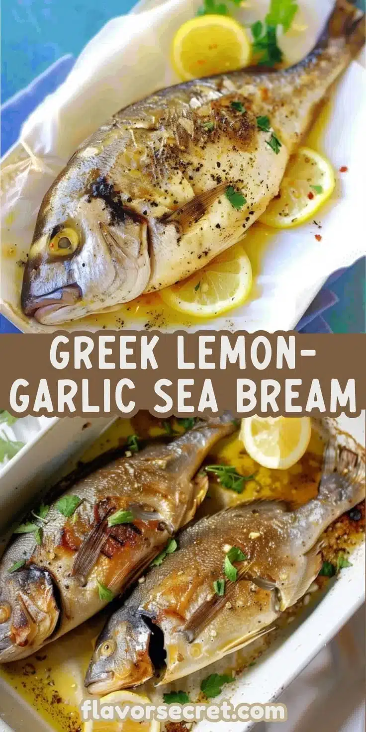 Greek lemon-garlic roasted sea bream served with fresh herbs and lemon slices
