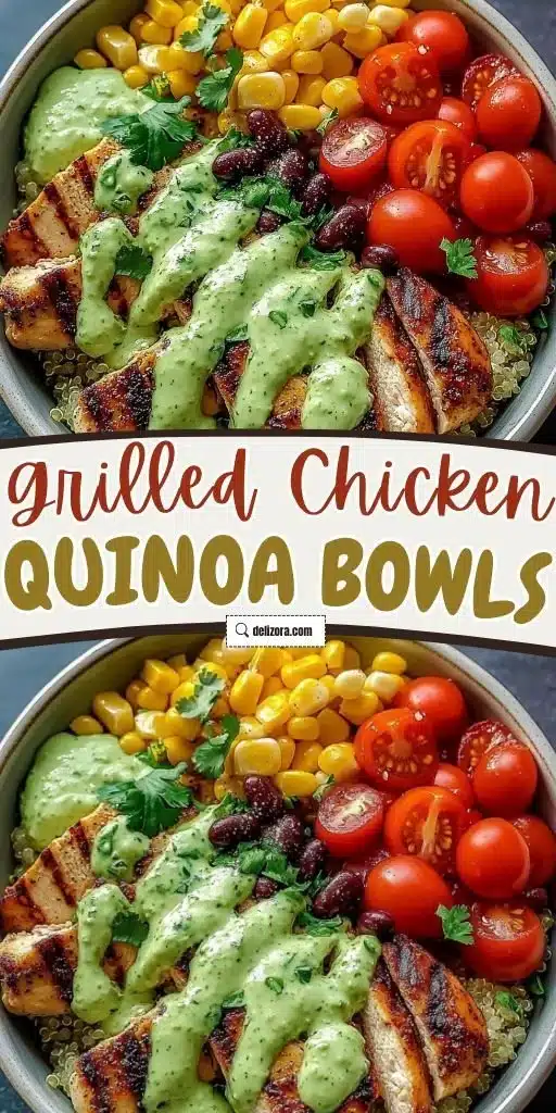 Grilled Chicken Quinoa Bowls with Creamy Avocado Sauce Delight 2 Delicious grilled chicken quinoa bowl with creamy avocado sauce, healthy meal option.