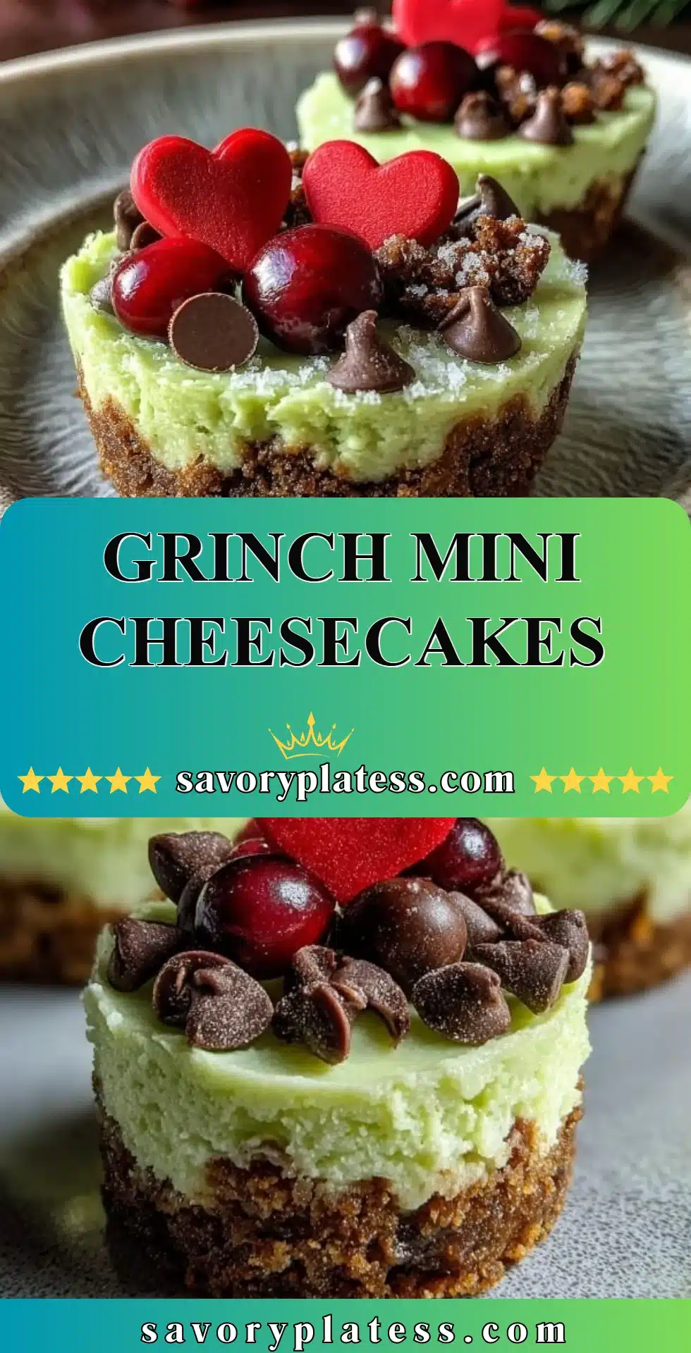 Grinch Mini Cheesecakes 2 Grinch mini cheesecakes topped with green frosting and red decorations