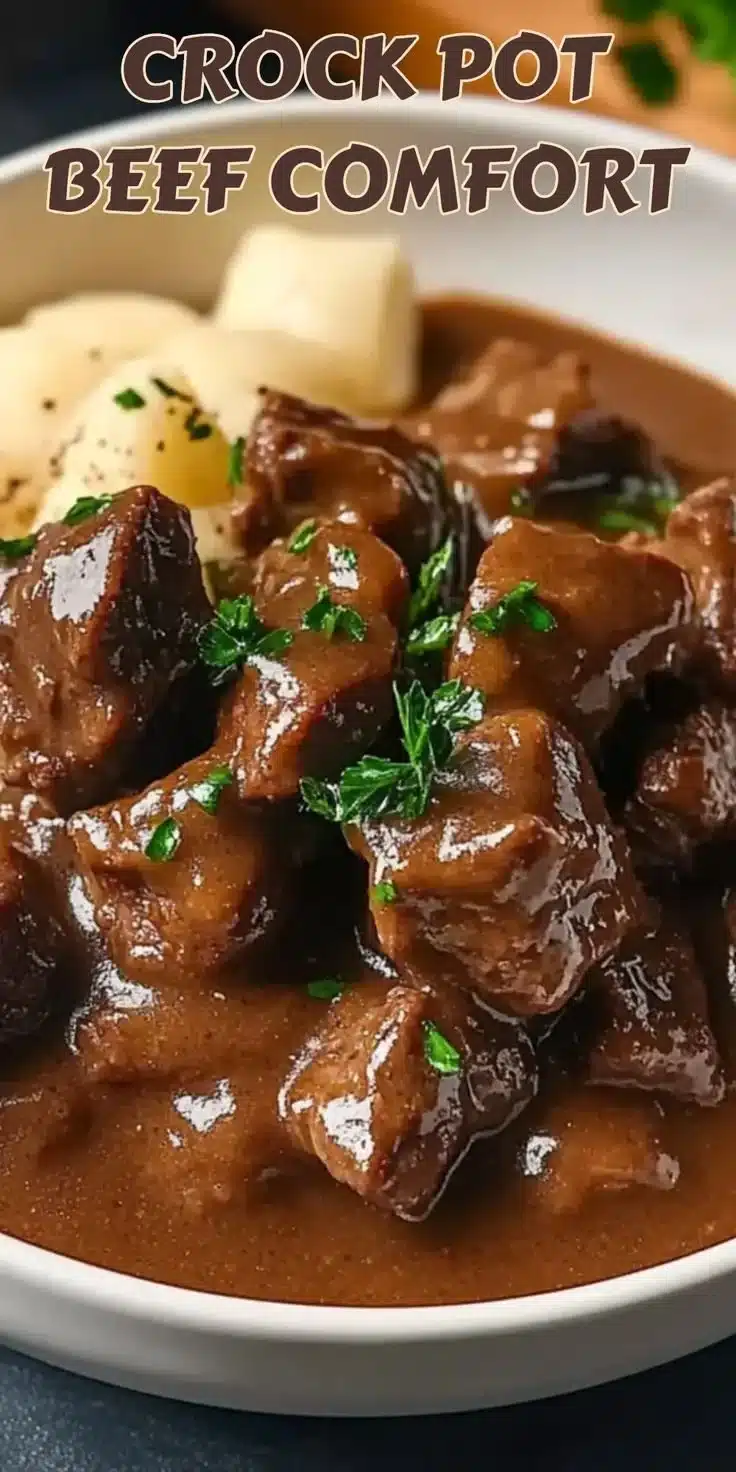 Hearty Crock Pot Beef Tips and Gravy for Cozy Nights 2 Crock pot beef tips and gravy served with vegetables for a cozy meal