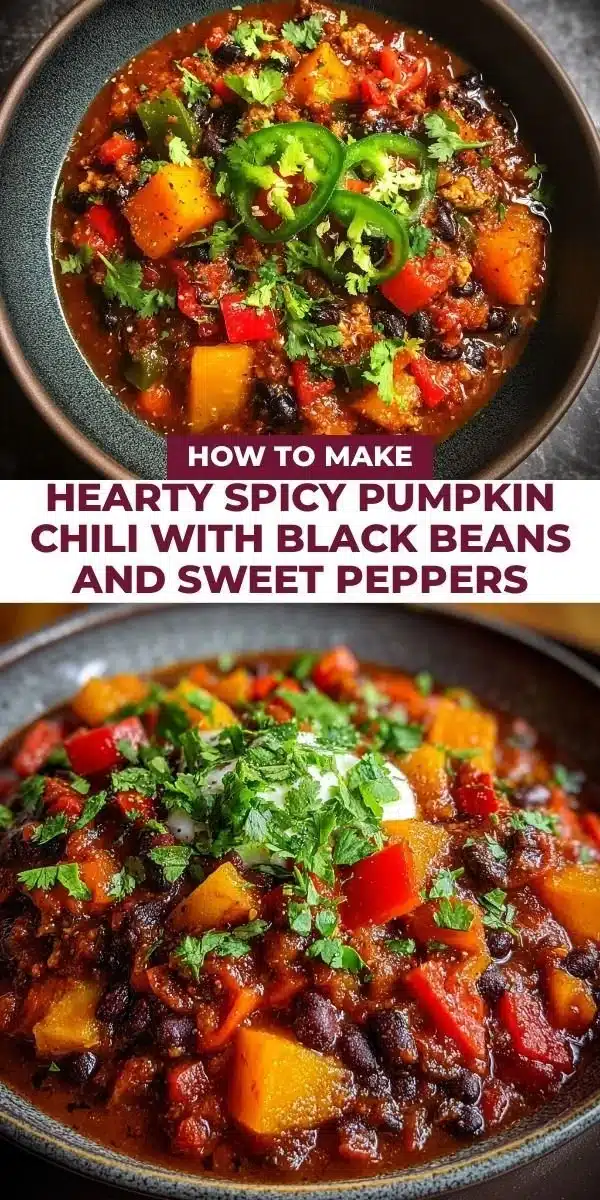 Hearty Spicy Pumpkin Chili with Black Beans and Sweet Peppers 2 Bowl of hearty spicy pumpkin chili with black beans and sweet peppers