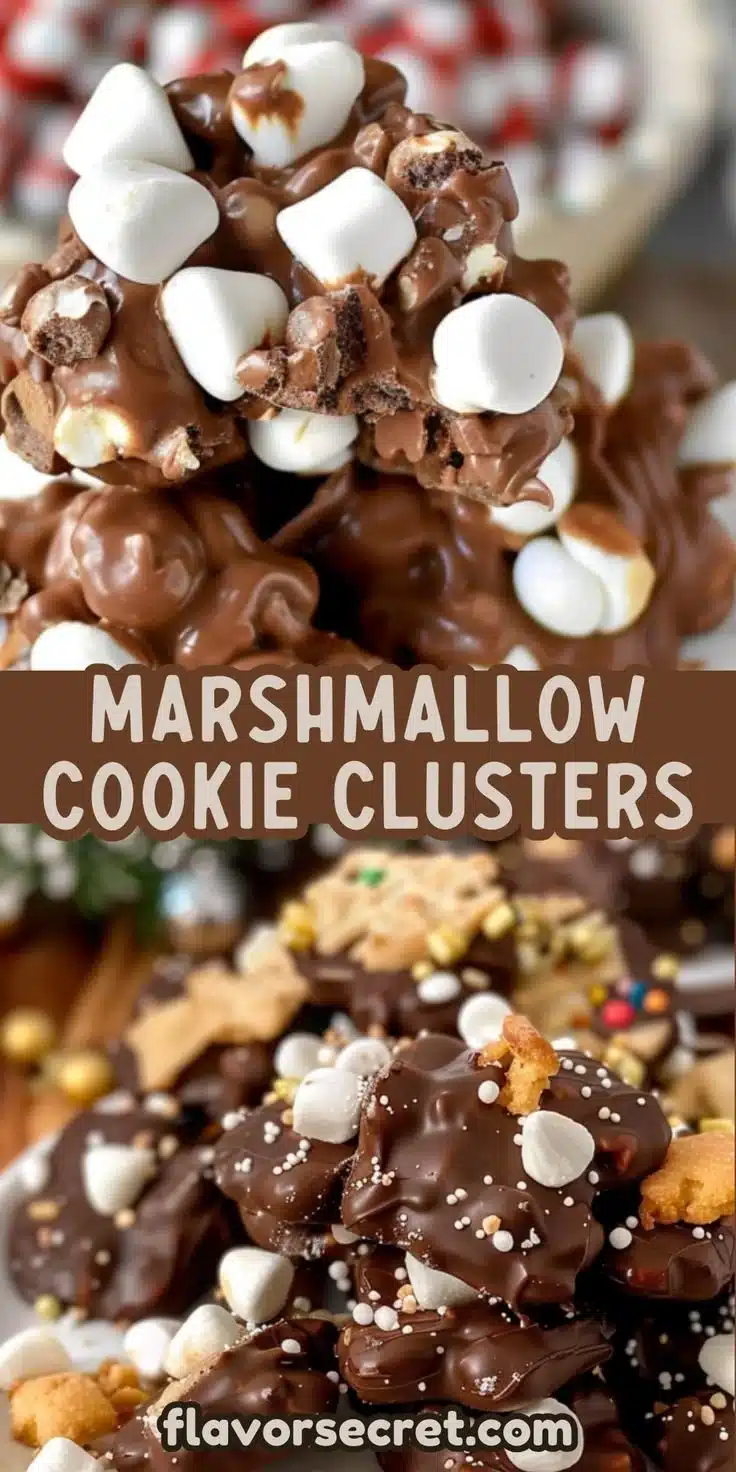 Holiday marshmallow cookie clusters arranged on a festive platter.