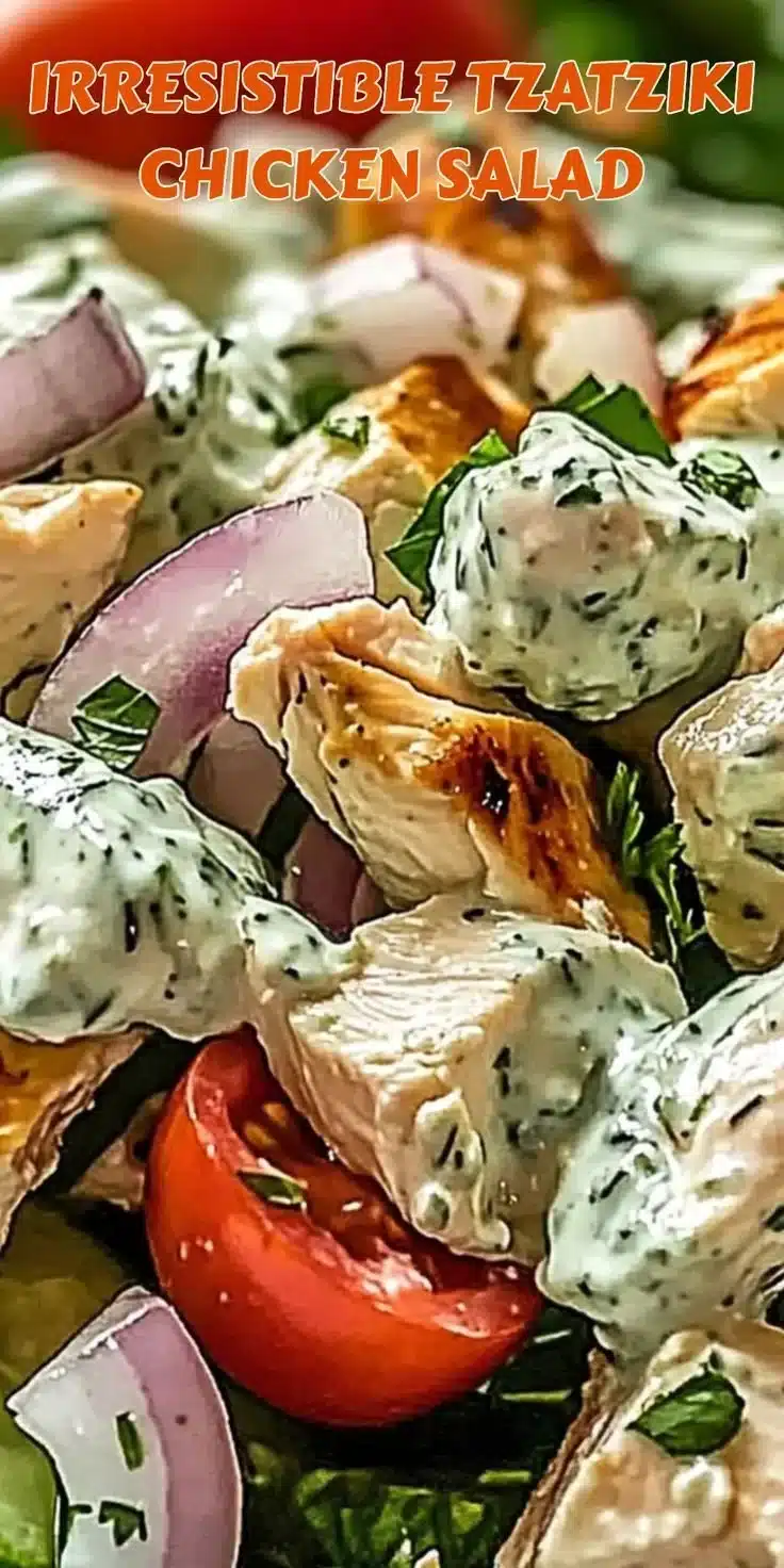Irresistibly Creamy Mediterranean Tzatziki Chicken Salad 2 Creamy tzatziki chicken salad with Mediterranean flavors in a fresh bowl.