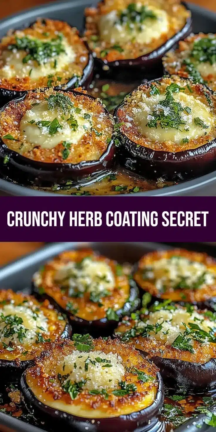 Garlic herb crusted eggplant slices, baked to crispy perfection.