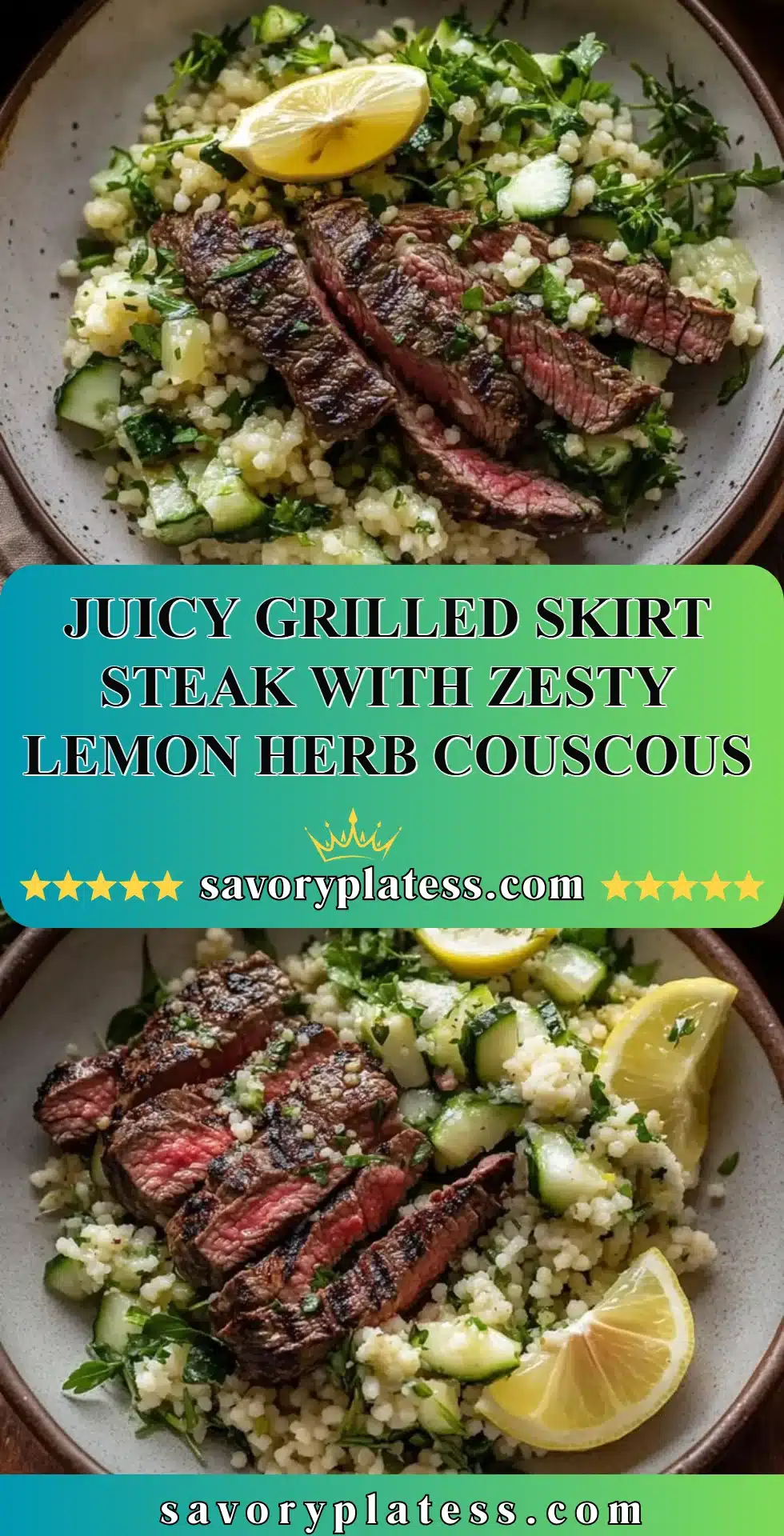 Juicy grilled skirt steak served with zesty lemon herb couscous