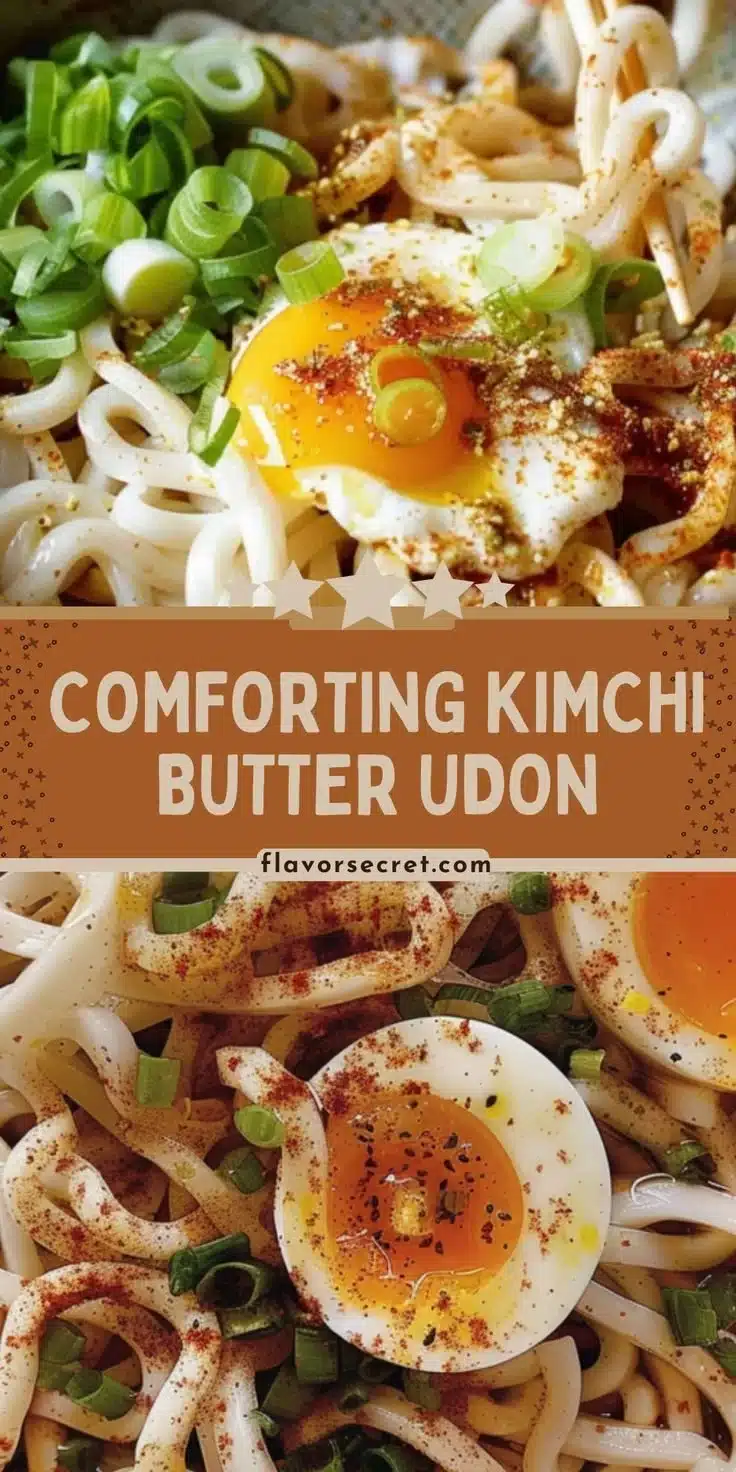 Delicious Kimchi Butter Udon topped with a soft boiled egg on a vibrant plate