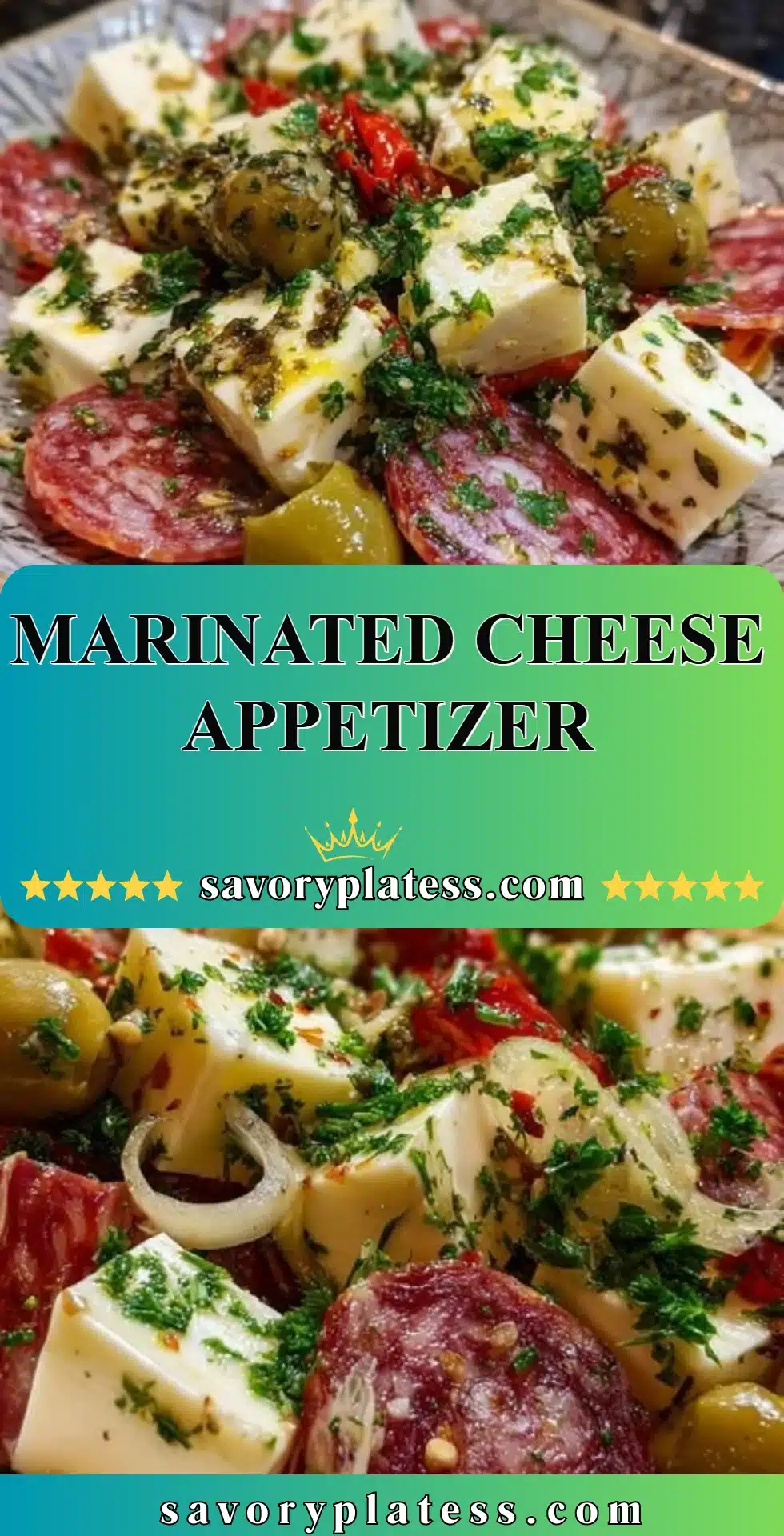 Plate of colorful marinated cheese appetizer with herbs and spices