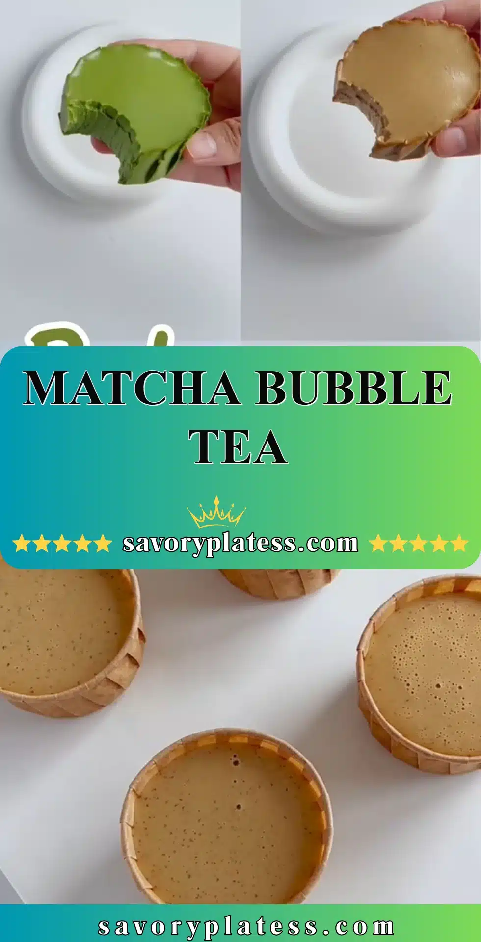 A cup of Matcha Bubble Tea with green tea and tapioca pearls on a wooden table