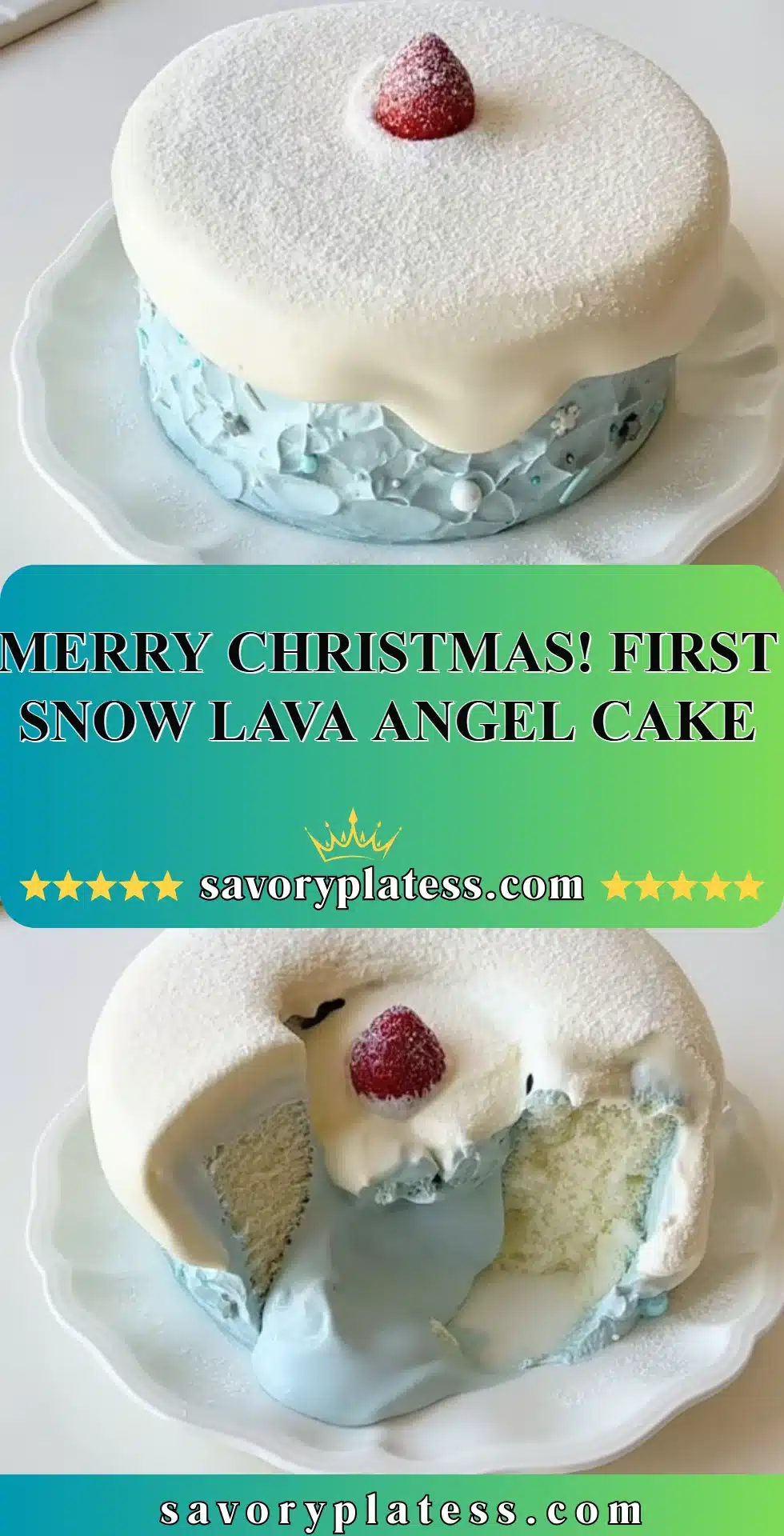 Merry Christmas! First Snow Lava Angel Cake 2 A festive Lava Angel Cake, decorated for Christmas with snow-themed accents.