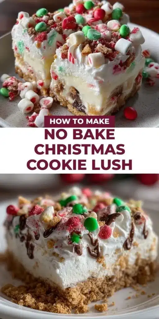 No Bake Christmas Cookie Lush dessert layered with festive ingredients