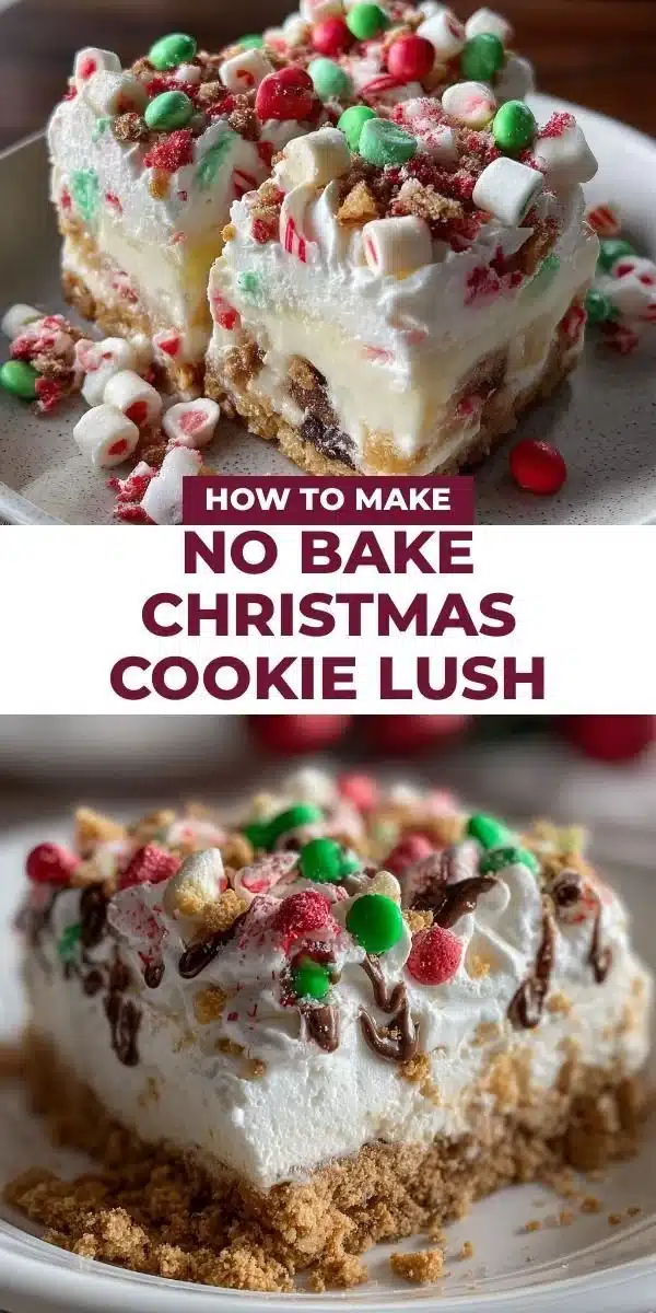 No Bake Christmas Cookie Lush dessert layered with festive ingredients