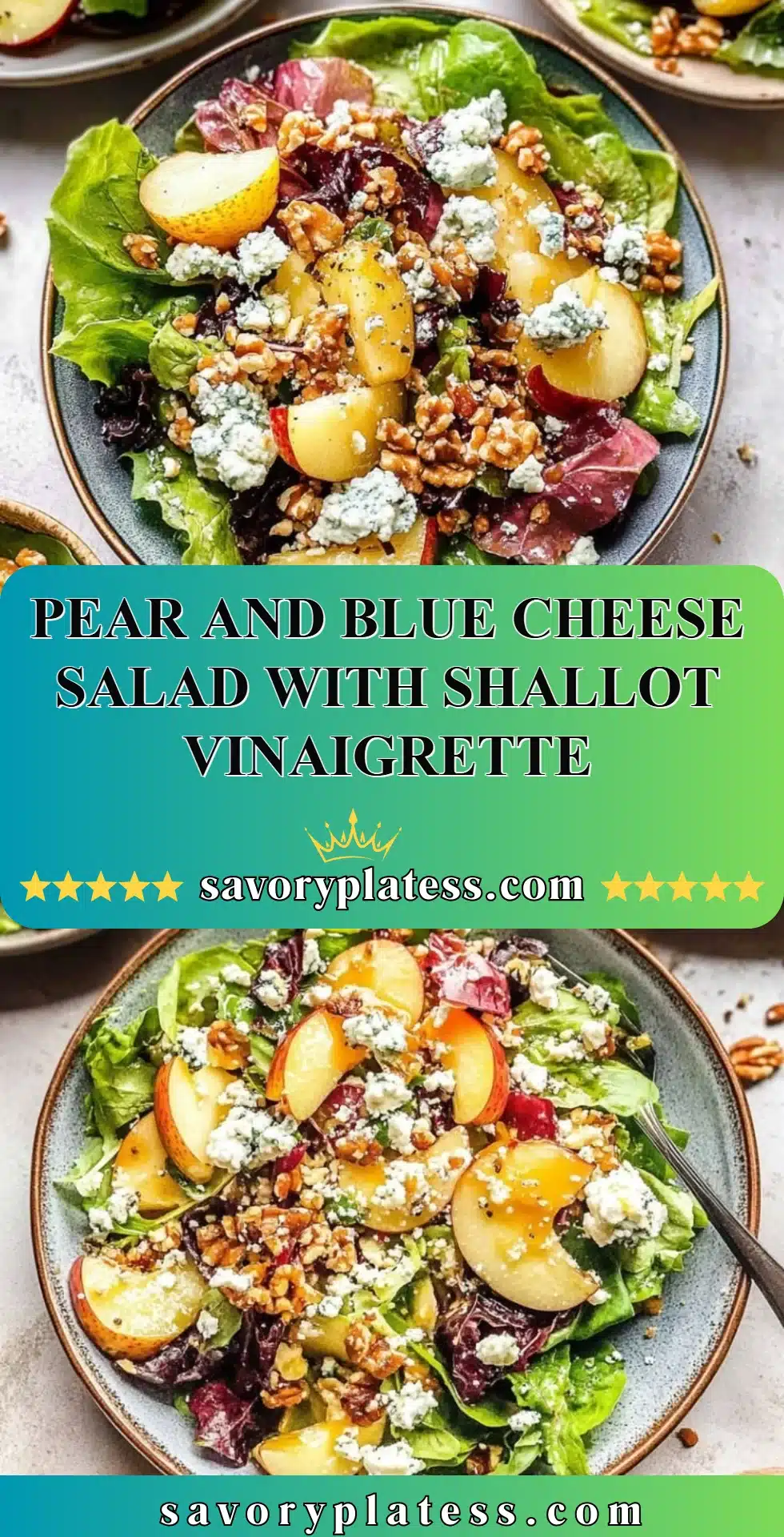 Pear and Blue Cheese Salad with Shallot Vinaigrette 2 Fresh pear and blue cheese salad drizzled with shallot vinaigrette