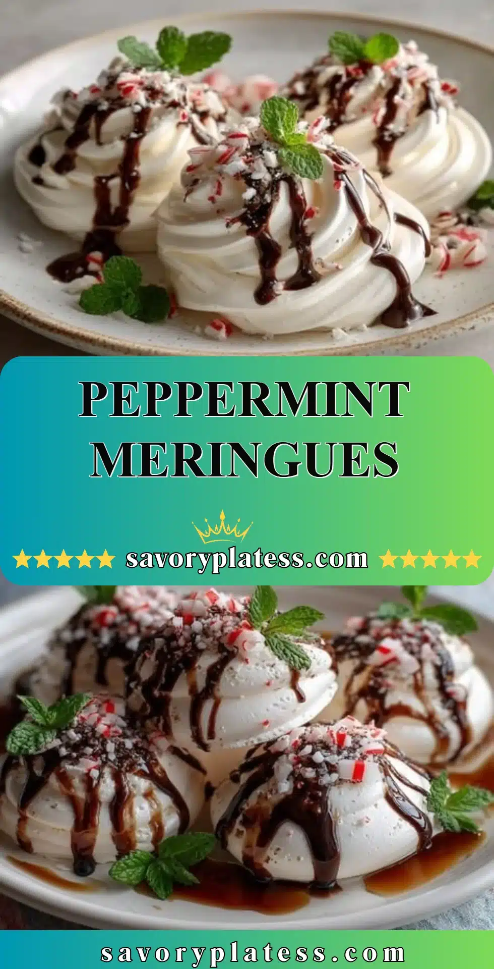 Festive peppermint meringues on a decorative plate