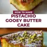 A slice of Pistachio Gooey Butter Cake topped with pistachios and icing sugar.