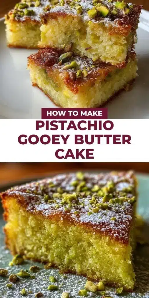 A slice of Pistachio Gooey Butter Cake topped with pistachios and icing sugar.