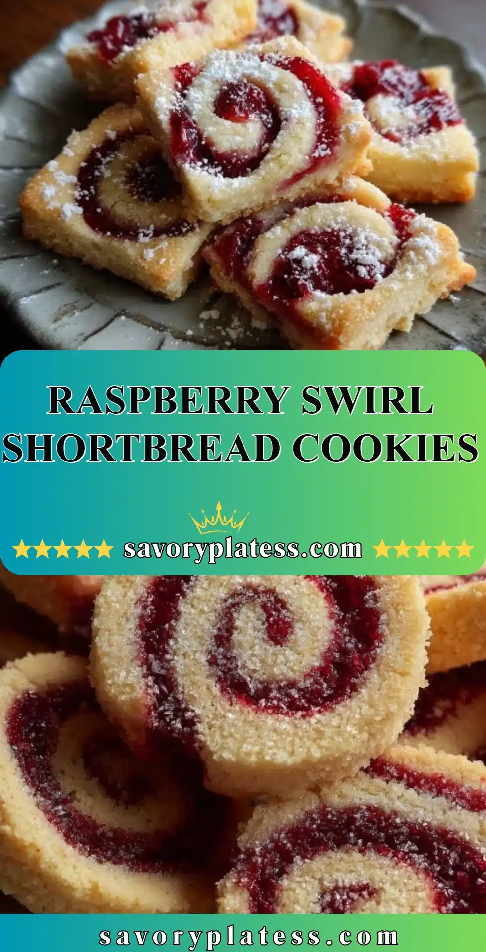 Raspberry Swirl Shortbread Cookies on a plate with fresh raspberries
