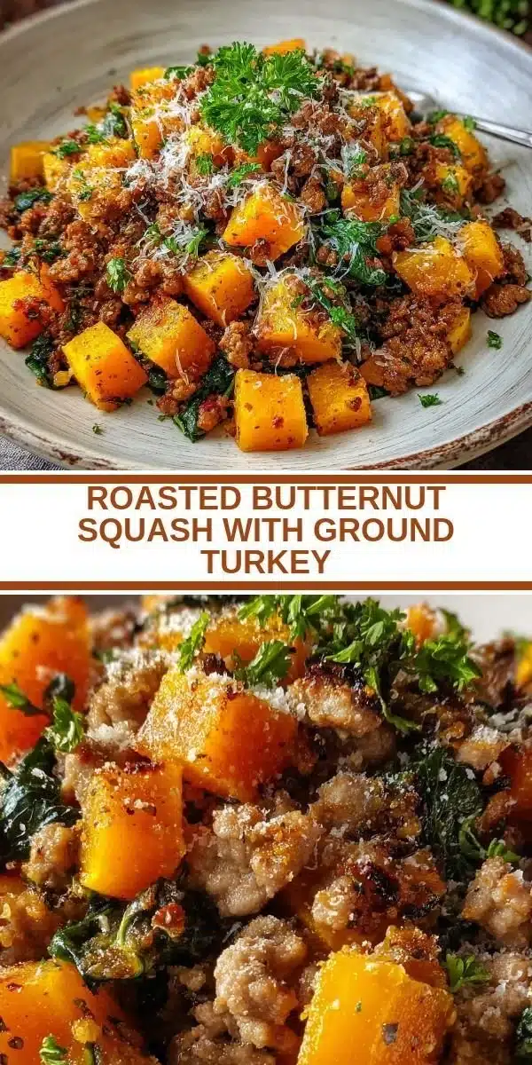 Roasted Butternut Squash With Ground Turkey 2 Dish of roasted butternut squash with ground turkey on a plate