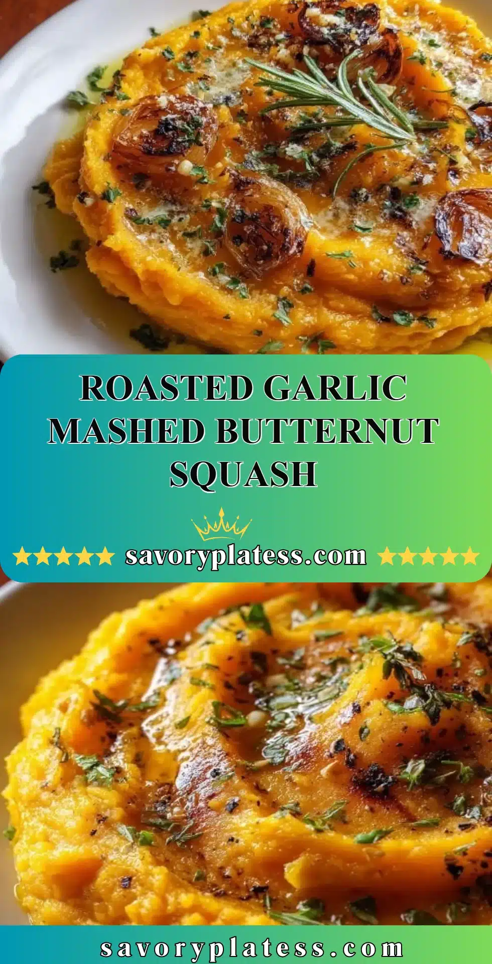 Creamy roasted garlic mashed butternut squash in a serving bowl.