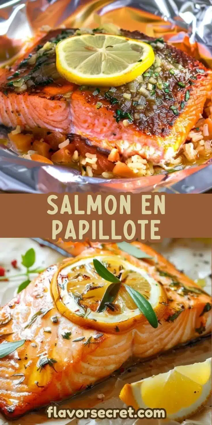 Salmon fillet cooked in parchment with citrus butter, served with fresh herbs.