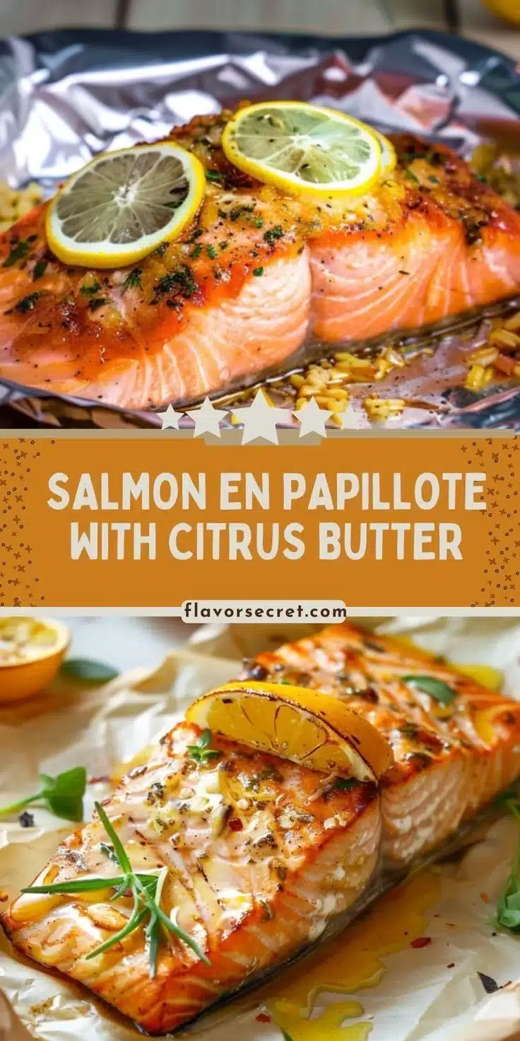 Salmon fillet cooked in parchment with citrus butter sauce