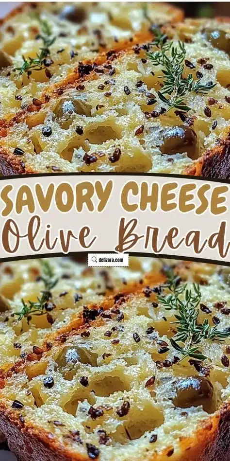 Savory cheese and olive quick bread garnished with fresh herbs.