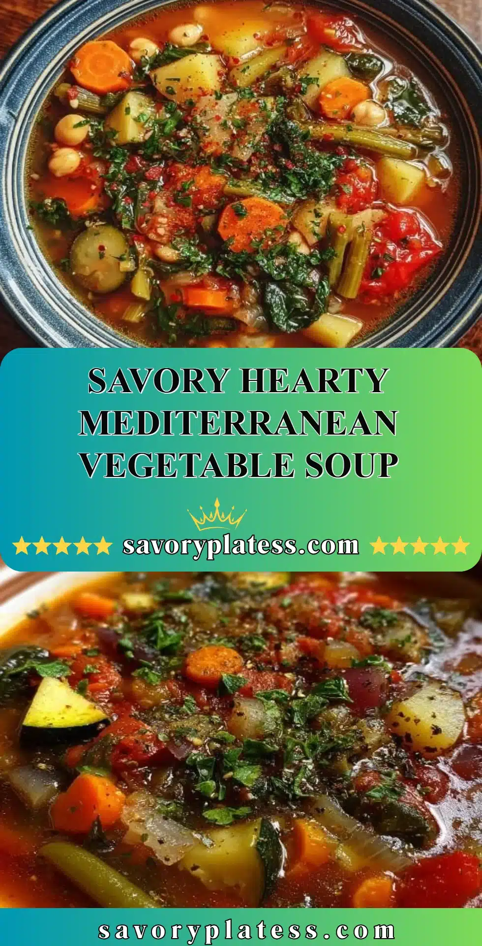 Savory Hearty Mediterranean Vegetable Soup 2 Bowl of savory hearty Mediterranean vegetable soup with fresh vegetables and herbs