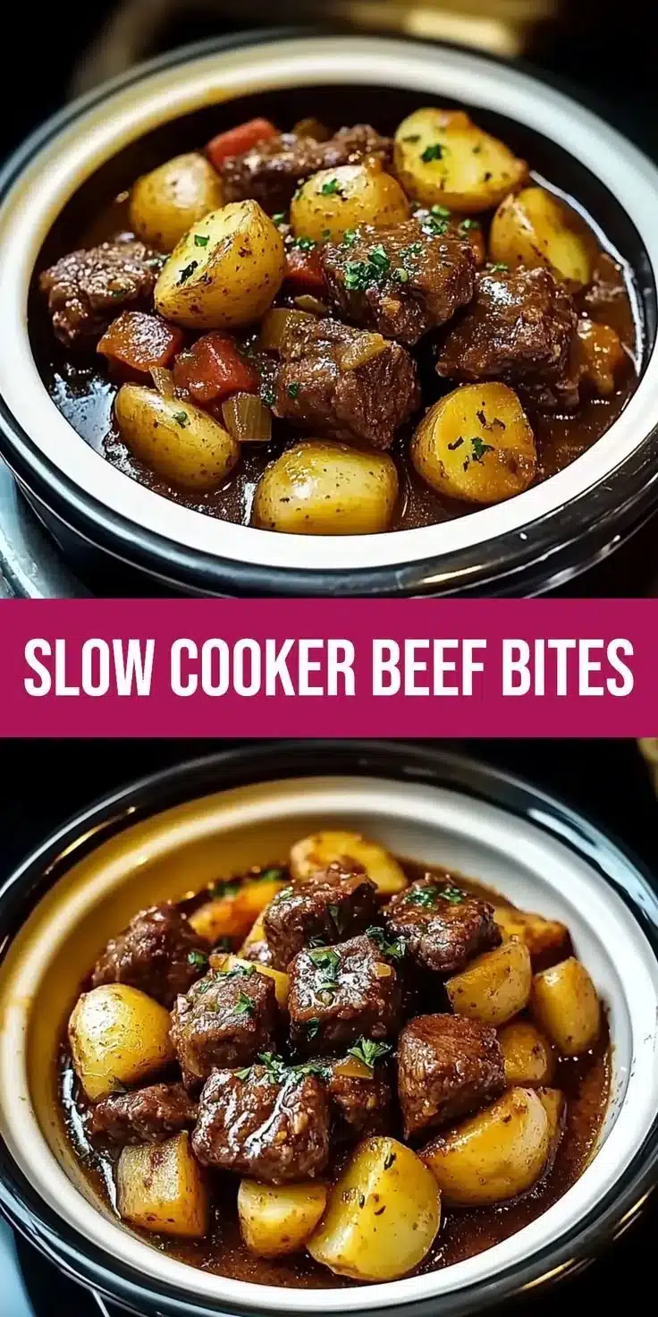 Slow Cooker Garlic Butter Beef Bites & Potatoes 2 Slow Cooker Garlic Butter Beef Bites served with fresh potatoes