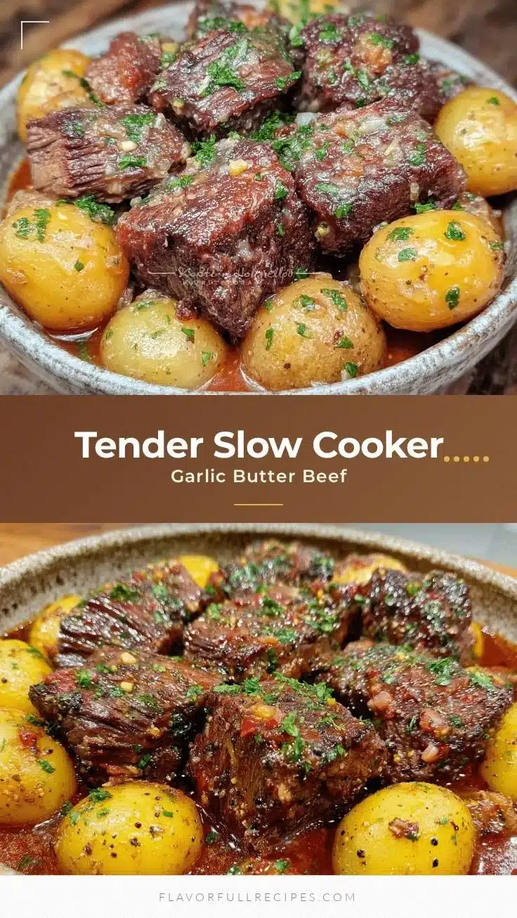 Slow Cooker Garlic Butter Beef with Potatoes 2 Plate of slow cooker garlic butter beef with potatoes surrounded by herbs