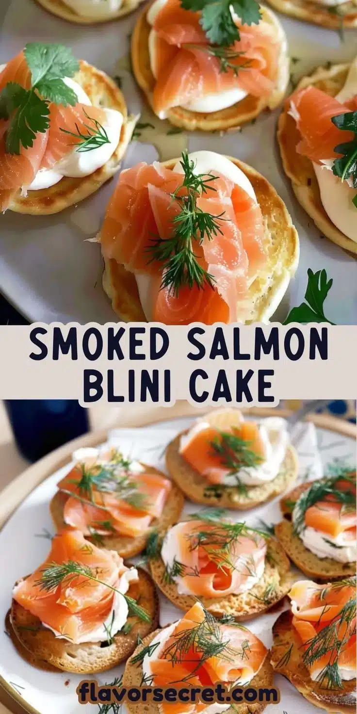 Smoked Salmon & Dill Blini Cake 2 Smoked salmon and dill blini cake garnished with fresh herbs.