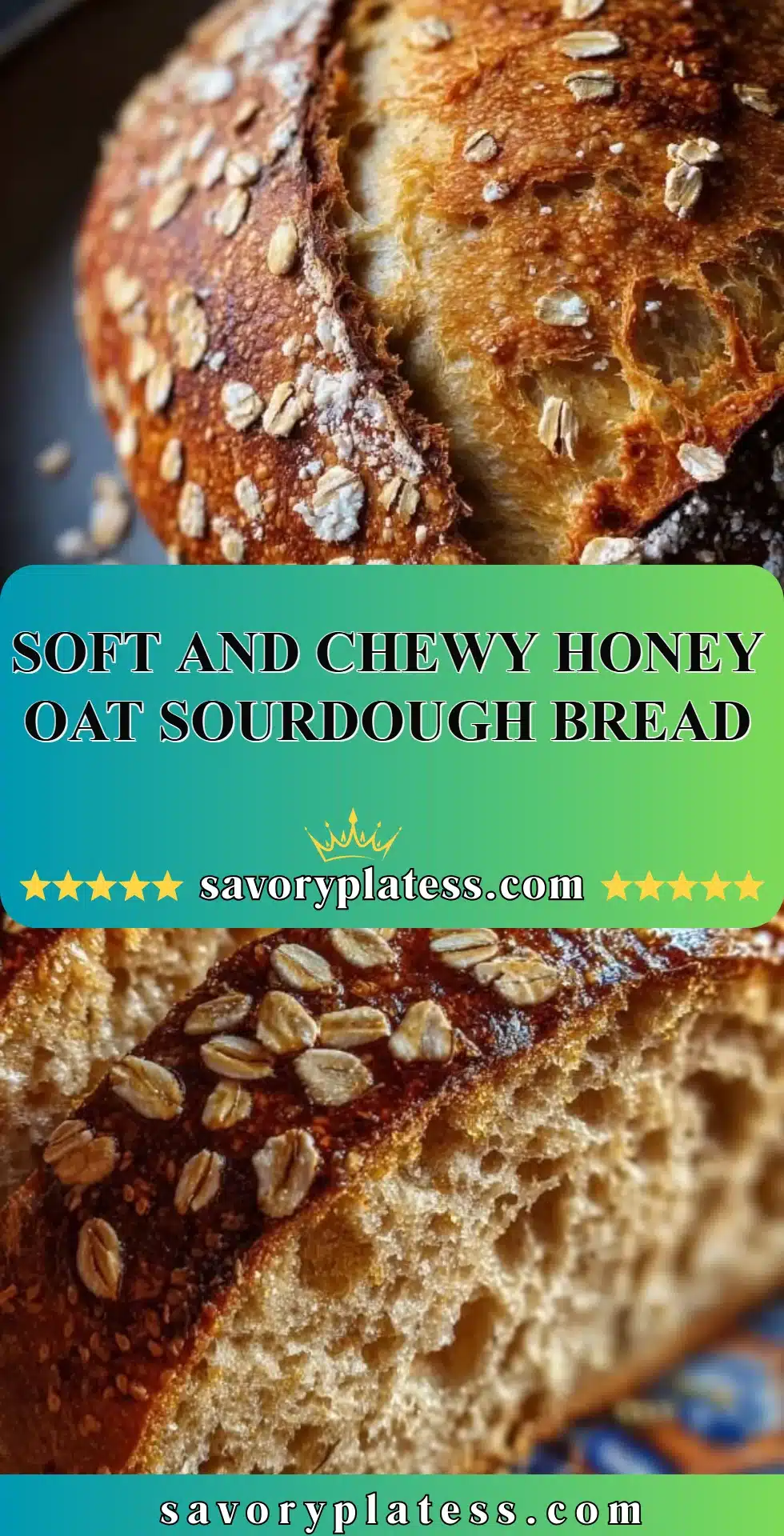 Loaf of soft and chewy honey oat sourdough bread on a wooden cutting board.