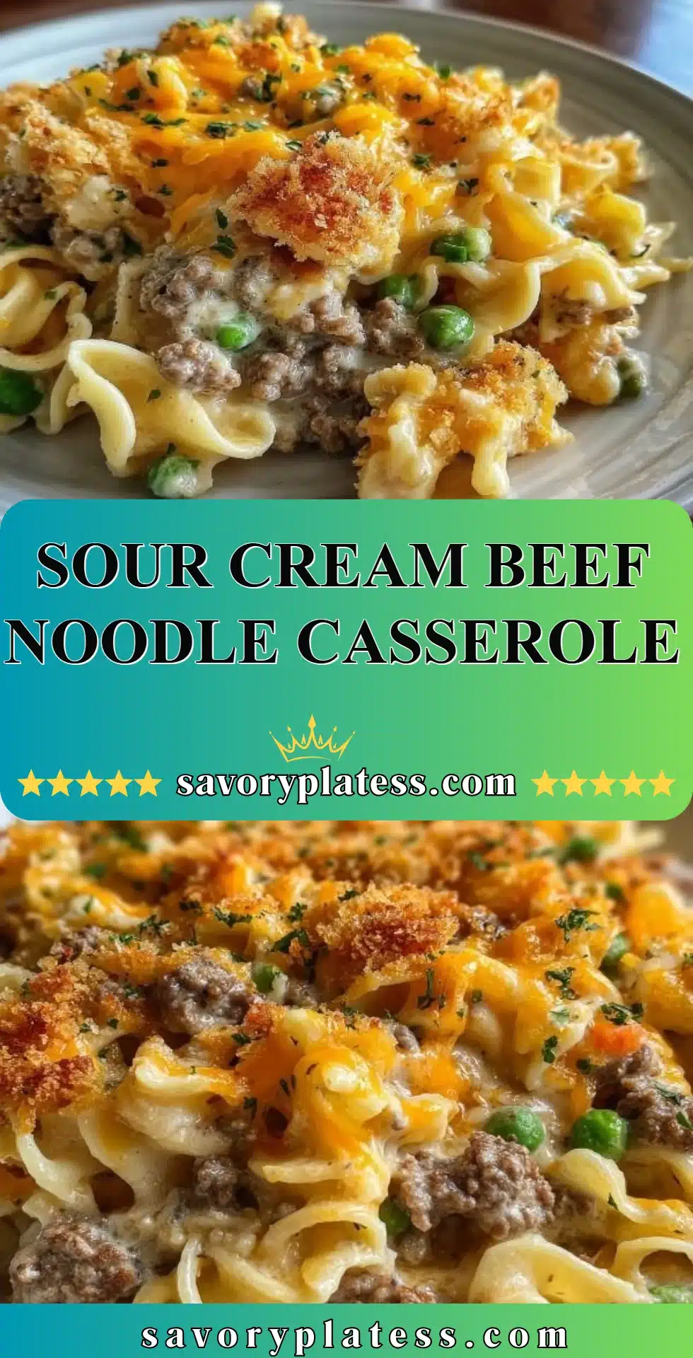 Sour Cream Beef Noodle Casserole 2 Sour Cream Beef Noodle Casserole served in a baking dish with garnishes